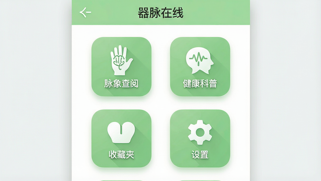 一张应用界面设计展示图,画面为“器脉在线”应用的功能导航页,页面中央有四个大尺寸功能入口图标,分别为脉象查阅、健康科普、收藏夹和设置,布局为两行两列网格排列,风格为扁平化现代设计,配色以浅绿和白色为主,细节包括圆角图标和柔和投影,画质清晰,无多余元素
