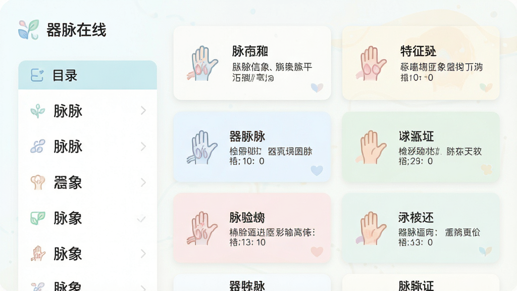 一张信息图表风格插图,画面主体为“器脉在线”应用中的脉象分类列表页面,左侧为脉象名称目录,右侧为对应的特征描述卡片,布局为左右分栏排版,风格为清新浅色系信息图,细节包括柔和的线条图标和淡雅底色,画质干净清晰,无多余装饰元素