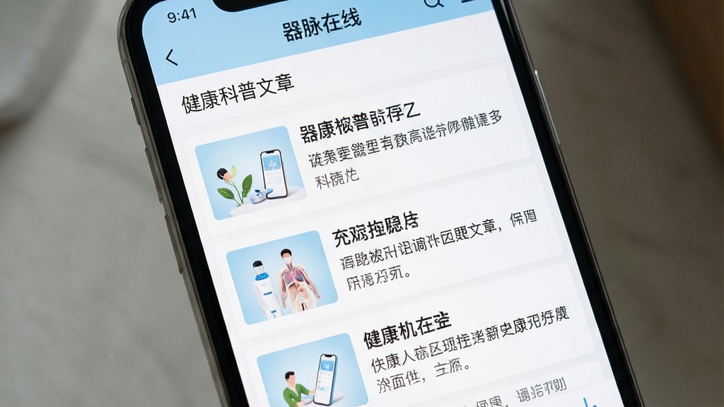 一张手机屏幕展示图,画面为“器脉在线”应用的健康科普文章列表页,屏幕内显示多篇科普文章标题和摘要,排版为纵向列表,风格为清爽阅读类App界面,配色以白色和淡蓝色为主,细节包括清晰的字体层级和适度留白,画质清晰,无多余元素