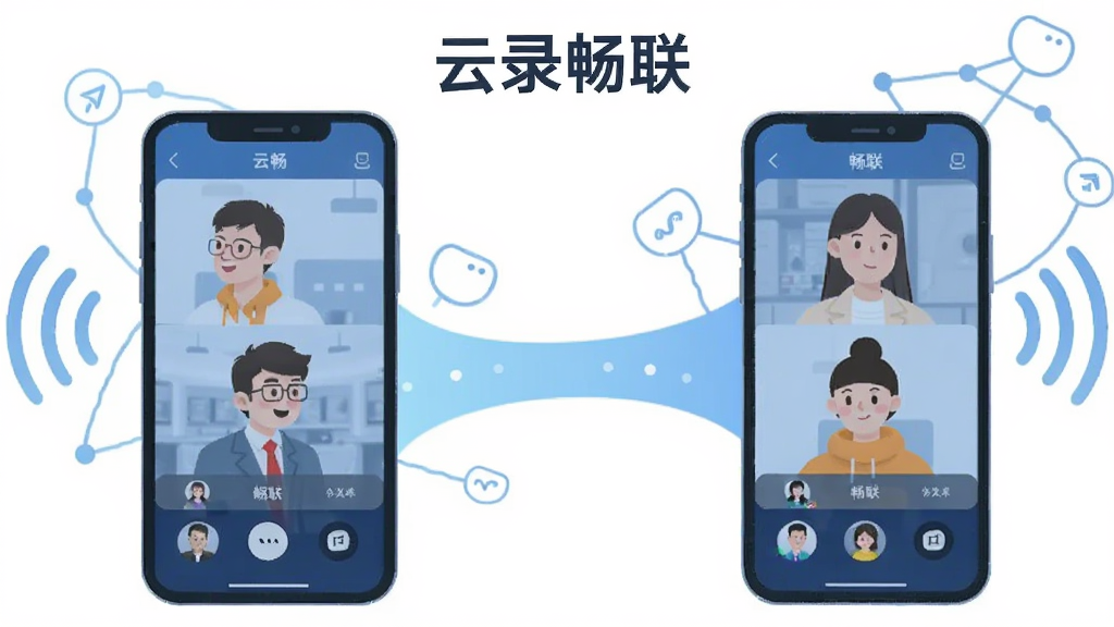 一幅展示云录畅联实时畅联与远程协作功能的插画,画面中两部手机通过一条光带相连,每部手机屏幕上都显示着共享画面和参与者头像,周围有信号波纹和连接图标,布局左右对称,风格现代扁平,细节清晰,画质干净,无多余元素,画面中带有“云录畅联”文字