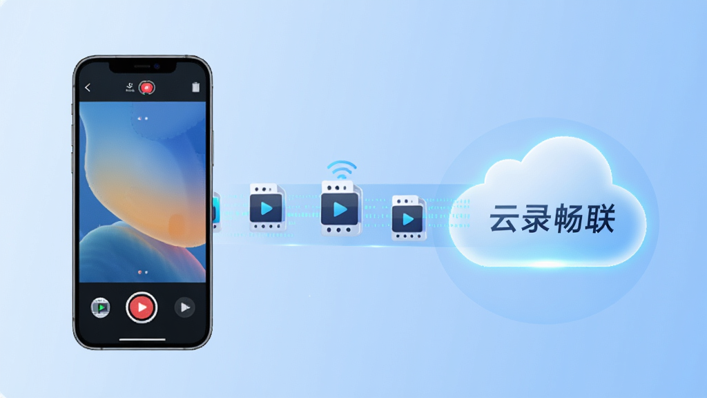 一段表现云录畅联高清录屏与云端同步功能的场景插画,画面左侧是一部手机正在录制屏幕,右侧是一朵发光的云朵图标,一条数据流从手机流向云朵,数据流上带有视频文件图标,背景为浅蓝色渐变,风格科技简洁,布局左右呼应,细节清晰,画质干净,无多余元素,画面中带有“云录畅联”文字