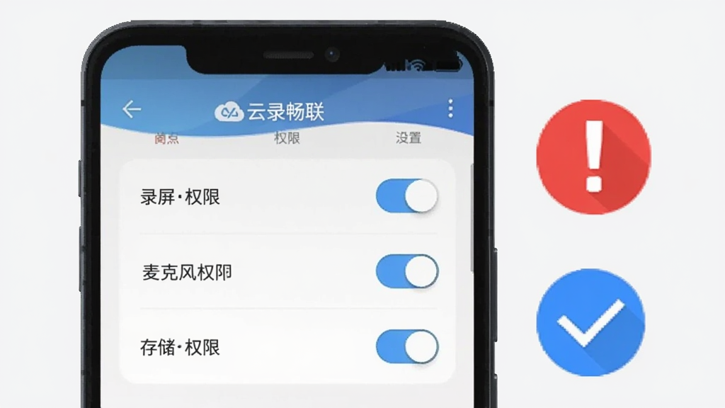 一部安卓手机屏幕上显示云录畅联的权限设置页面,页面中有录屏权限、麦克风权限、存储权限三个开关选项,手机旁边有一个红色感叹号图标和蓝色对勾图标,背景为浅灰色,布局简洁清晰,风格扁平化,细节干净,无多余元素,画面中带有“云录畅联”文字