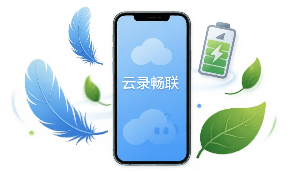 一张表现云录畅联轻量安装与低耗运行特点的插画,画面中央是一部手机,手机周围有羽毛、电池、绿叶等象征轻量与省电的元素,背景为干净的白色,布局居中,风格简约清新,细节清晰,画质干净,无多余元素,画面中带有“云录畅联”文字