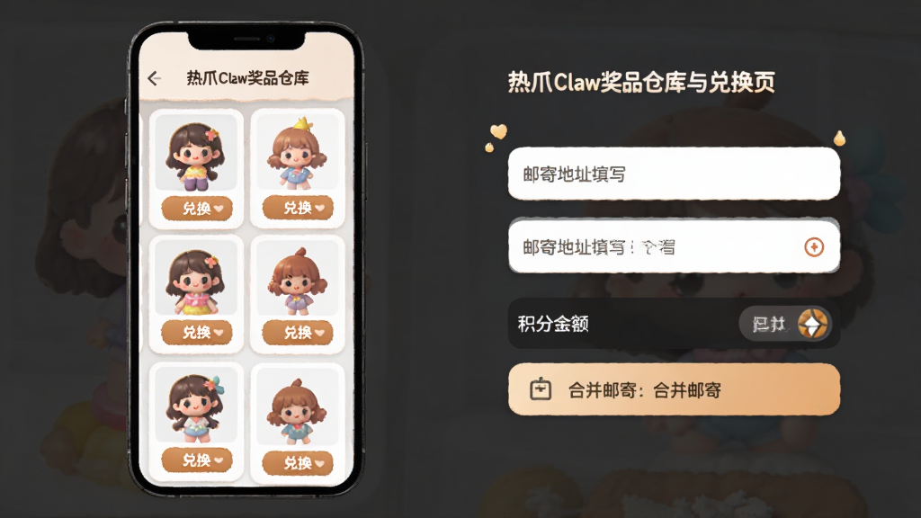 热爪Claw奖品仓库与兑换页面,画面展示手机屏幕内娃娃奖品仓库列表,每个奖品带有缩略图和兑换按钮,布局为卡片式垂直排列,风格为温馨可爱的电商兑换风,细节包含邮寄地址填写入口、积分余额显示、合并邮寄选项,画质高清,干净,无多余元素