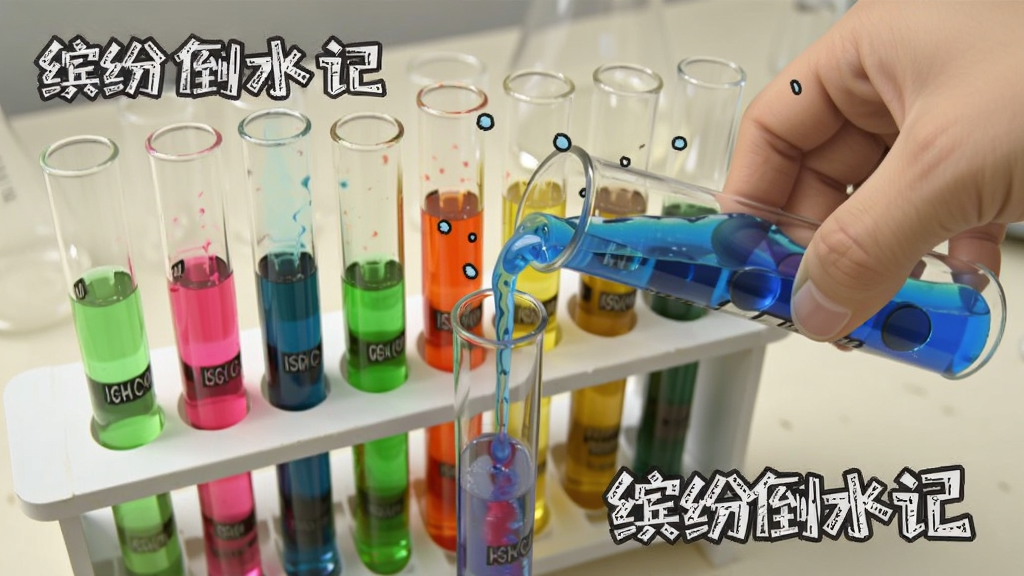 画面展示多支玻璃试管内装有不同颜色的液体,一只手正在倾斜一支试管将蓝色液体倒入另一支试管中,液体流动的瞬间被定格,背景为简洁的桌面环境,试管排列错落有致,画面中带有