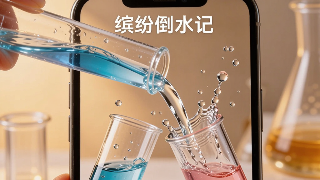 画面展示手机屏幕中液体从一支试管缓缓流入另一支试管的特写镜头,液体颜色渐变过渡自然,水花飞溅细节生动,屏幕上方显示