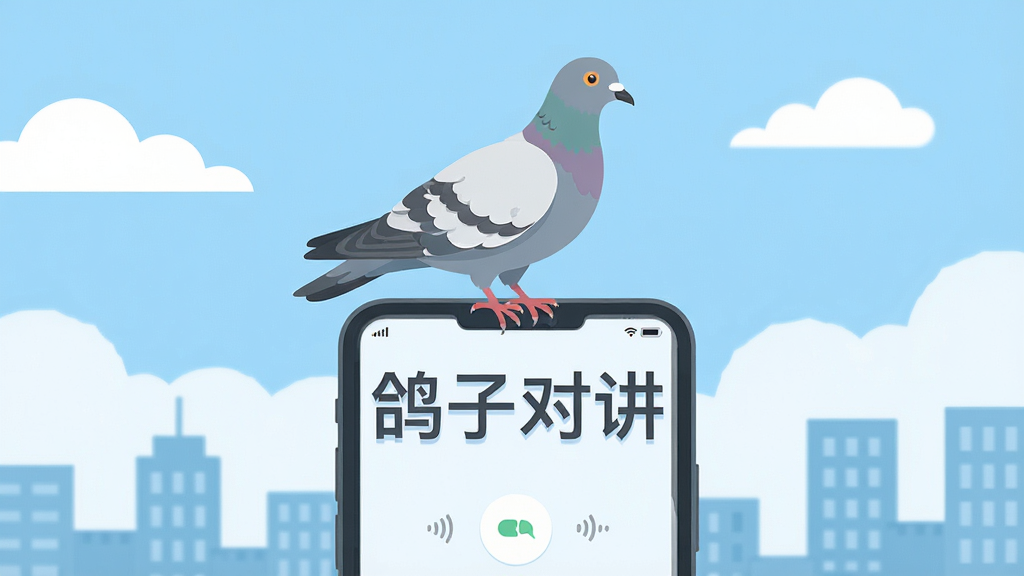 一只灰白相间的鸽子站在智能手机屏幕上方,屏幕中显示简洁的语音对讲界面,背景是蓝天白云和城市建筑轮廓,画面中央有醒目的“鸽子对讲”文字,整体风格清新明亮,扁平化设计,色彩柔和,构图居中,细节清晰,画质干净,无多余元素