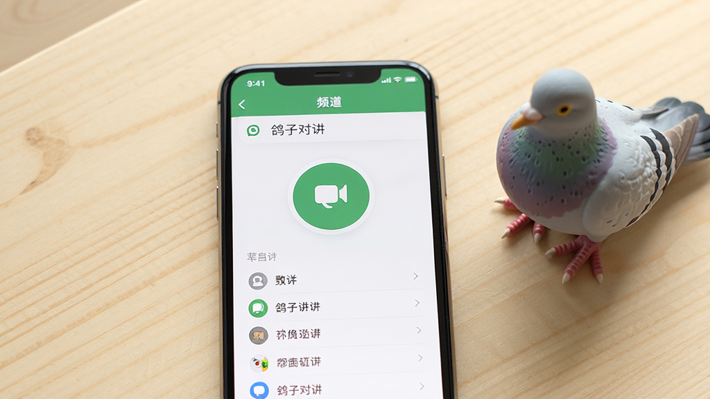 一部手机展示“鸽子对讲”应用主界面,界面中有一个大的圆形对讲按钮和频道列表,背景是浅色木质桌面,旁边有一只小鸽子摆件,布局居中,风格清新自然,细节清晰,画质干净,无多余元素