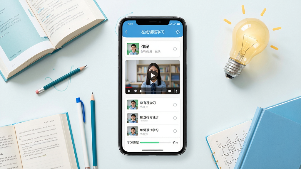 升学有铭师手机软件界面展示,主体为一台智能手机屏幕显示在线课程学习页面,布局为居中放置手机,周围环绕书本、铅笔、灯泡等学习元素,排版简洁清晰,风格为清新教育风,细节包含课程列表、视频播放窗口、学习进度条,画质高清,干净,无多余元素
