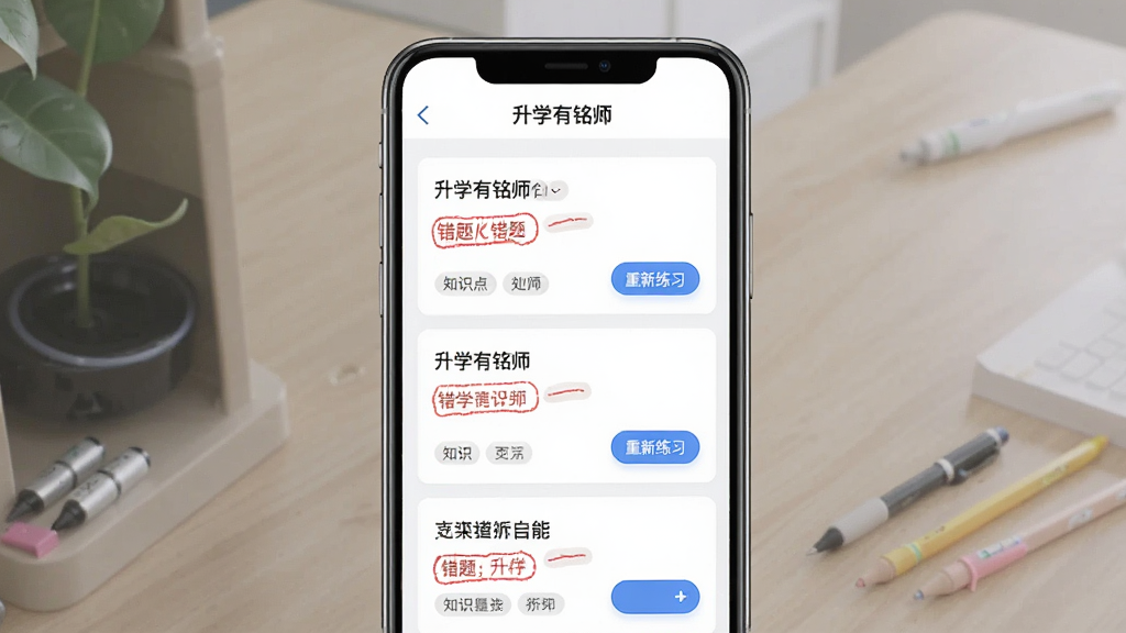 升学有铭师智能错题整理功能界面,主体为手机屏幕显示错题本列表,布局为居中手机展示,排版为纵向排列错题卡片,风格为简约学习工具风,细节包含红色标注的错题、知识点标签、重新练习按钮,屏幕顶部显示“升学有铭师”字样,画质高清,干净,无多余元素