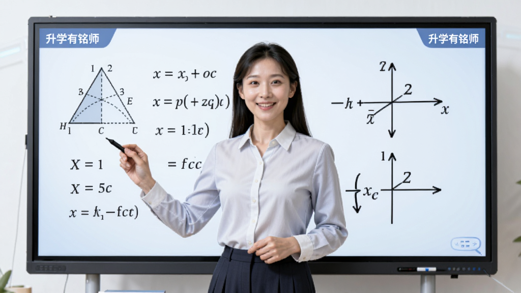 升学有铭师名师在线课堂场景,主体为一位教师站在电子白板前授课,布局为教师居中、白板显示数学公式,排版为横向构图,风格为现代教育科技风,细节包含教师手持触控笔、白板上有几何图形和函数图像、屏幕角落显示“升学有铭师”字样,画质高清,干净,无多余元素