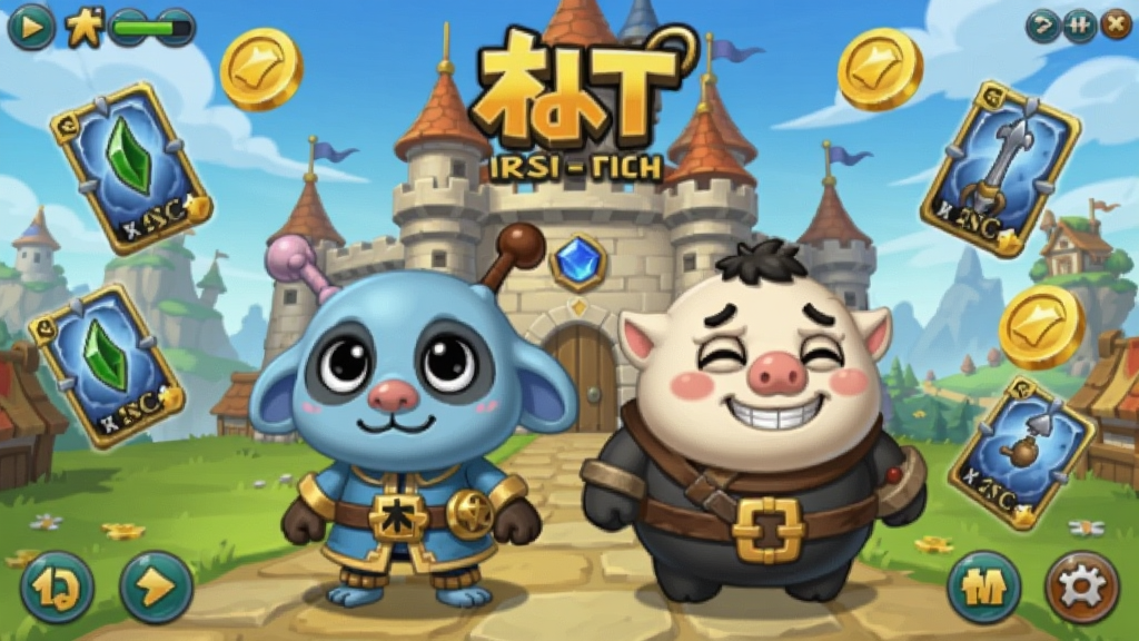 画面中央展示我叫MT游戏主界面,哀木涕与傻馒站在城堡前,背景是卡通风格的艾泽大陆,周围漂浮着卡牌与金币元素,布局采用中心对称排版,风格为明亮Q版卡通,细节包含角色表情、装备纹理、UI按钮,画质高清干净无多余元素