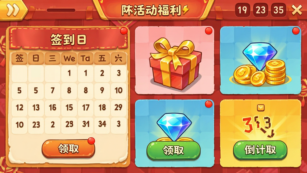 我叫MT活动福利界面,展示签到日历、礼包盒、钻石金币堆叠,布局采用网格排版,风格为喜庆卡通,细节包含红点提示、领取按钮、倒计时,画质清晰干净无多余元素