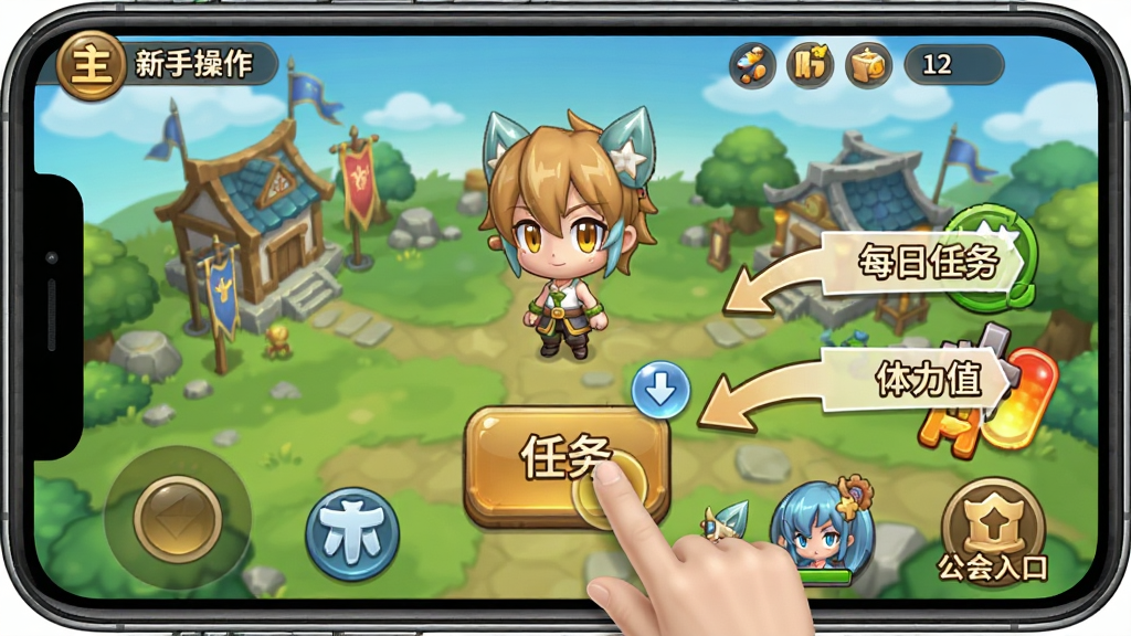 我叫MT新手操作界面,手机屏幕显示主城场景,手指点击任务按钮,旁边有箭头标注“每日任务”“体力值”“公会入口”,布局采用竖屏手游UI排版,风格为清新卡通,细节包含按钮图标、数字气泡、角色立绘,画质高清干净无多余元素