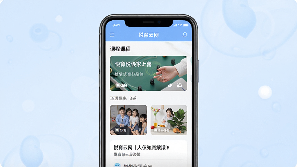 一张展示悦育云网手机应用界面的图片,画面中央是一部智能手机,屏幕上显示悦育云网APP的主页,包含课程列表和资讯卡片,背景为柔和的淡蓝色渐变,风格简洁现代,细节清晰,画质干净,无多余元素