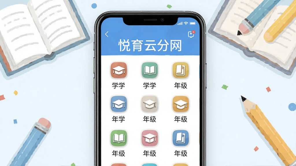 一张展示悦育云网教育资源分类页面的图片,画面中手机屏幕显示不同学科和年级的图标排列整齐,背景有书本和铅笔的插画元素,风格清新明亮,画质干净,无多余元素