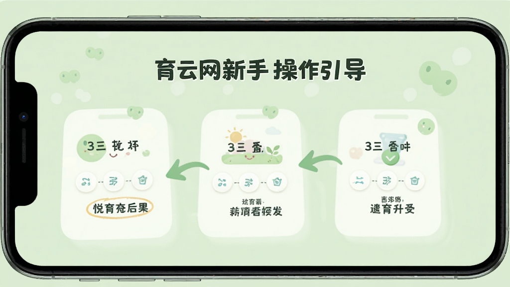 一张展示悦育云网新手操作引导页面的图片,手机屏幕上有步骤提示和箭头指引,背景为淡绿色,风格友好亲切,画质干净,无多余元素