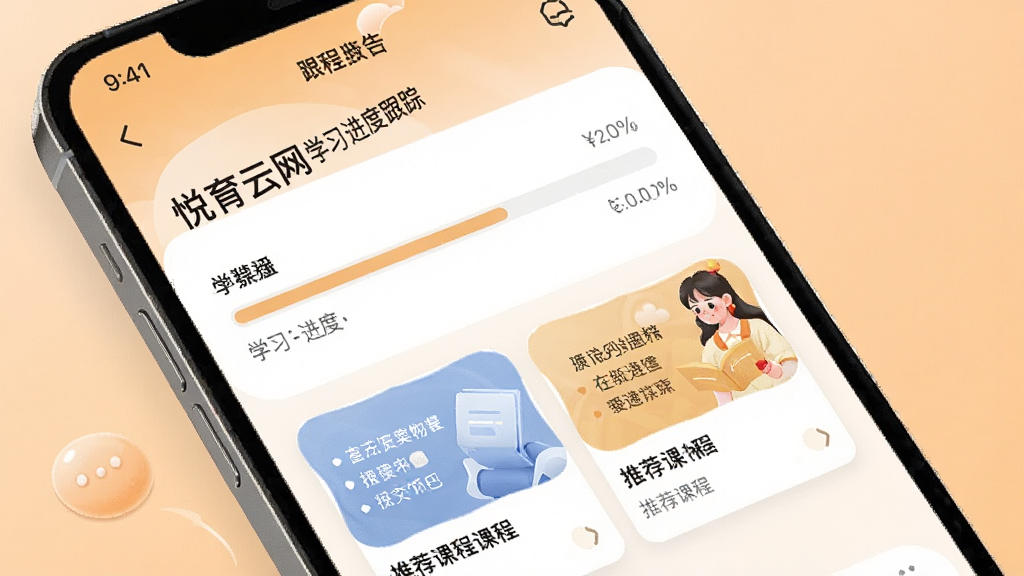 一张展示悦育云网学习进度跟踪界面的图片,手机屏幕上显示学习进度条和推荐课程卡片,背景为温暖的浅橙色,风格柔和,细节精致,画质干净,无多余元素