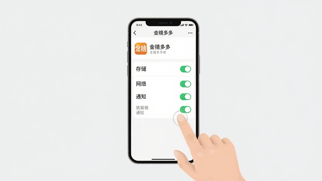 一幅展示手机应用权限设置界面的示意图,画面中手机屏幕显示“金禧多多”的应用信息页面,包含存储、网络、通知等权限开关,旁边有手指点击操作的示意,背景为浅灰色极简风格,布局清晰居中,画质干净无多余元素