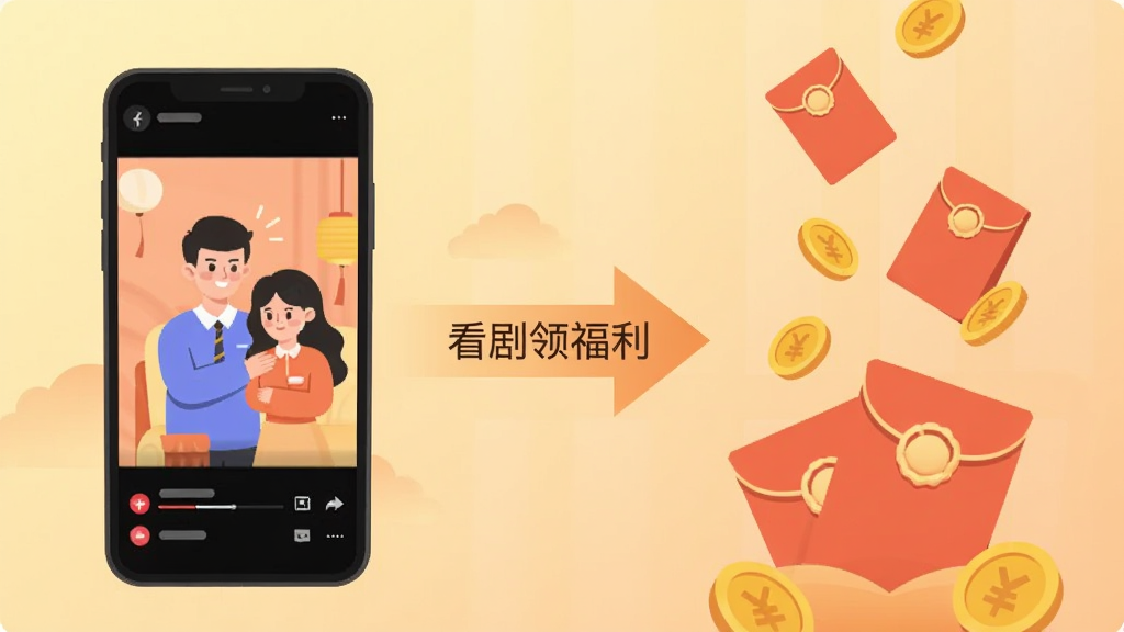 一幅以“金禧多多”为主题的扁平化插画,画面左侧是手机屏幕中播放短剧的画面,右侧是红包与金币元素飘落的场景,中间用箭头连接表示“看剧领福利”的流程,背景为淡黄色与浅橙色渐变,风格简洁现代,布局左右均衡,画质清晰干净,无多余装饰元素