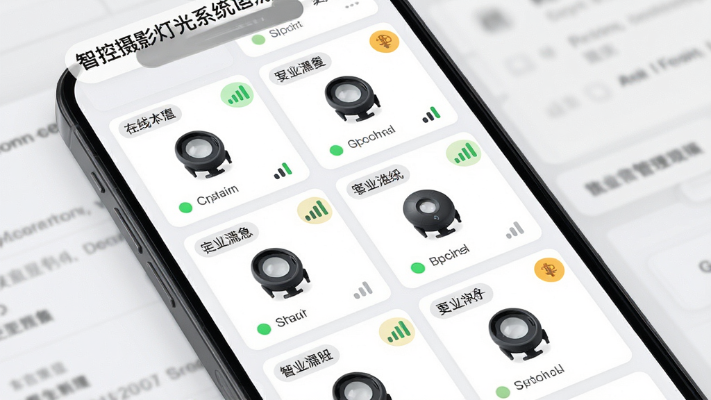 智控摄影灯光系统设备管理界面展示,手机屏幕中显示多个灯光设备以卡片形式分组排列,每组有自定义名称标签,卡片上有设备状态指示灯和信号强度图标,主体突出分组管理的条理性,布局采用网格化排版,风格为简约商务UI风格,细节包括设备在线状态标识和固件更新提示角标,画质清晰干净无多余元素