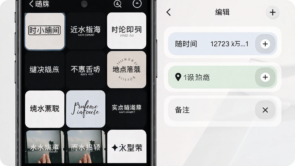 一张展示随意改水印打卡相机水印编辑界面的图片,画面中手机屏幕显示多个水印模板缩略图,旁边有编辑面板,面板内包含时间、地点、备注等可点击修改的字段,界面采用卡片式布局,配色柔和,风格现代简洁,细节清晰,画质干净,无多余元素
