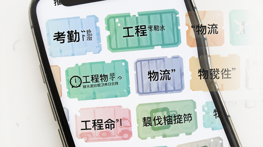 一张展示随意改水印打卡相机模板库的图片,画面中手机屏幕以网格形式排列多个水印模板缩略图,每个模板标注不同场景名称,如考勤、工程、物流等,界面布局整齐,配色清新,风格统一,细节清晰,画质干净,无多余元素
