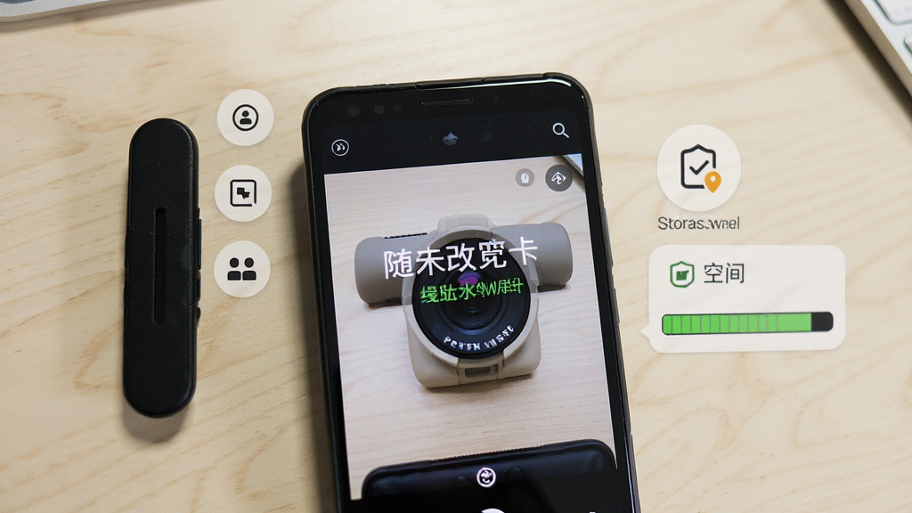一张展示随意改水印打卡相机在安卓手机上运行状态的图片,画面中手机屏幕显示相机取景界面和水印叠加效果,旁边有权限设置图标和存储空间指示条,背景为浅色桌面,风格实用清晰,细节到位,画质干净,无多余元素