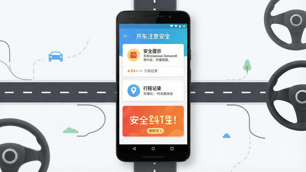 一张干净简洁的手机应用界面展示图,画面中央放置一部安卓手机,手机屏幕上显示“开车注意安全”应用的主页,页面包含安全提示卡片、行程记录图标和醒目的安全标语,手机周围点缀简约的道路线条与方向盘元素,整体布局居中对称,风格清新现代,细节清晰,画质高清干净,无多余元素
