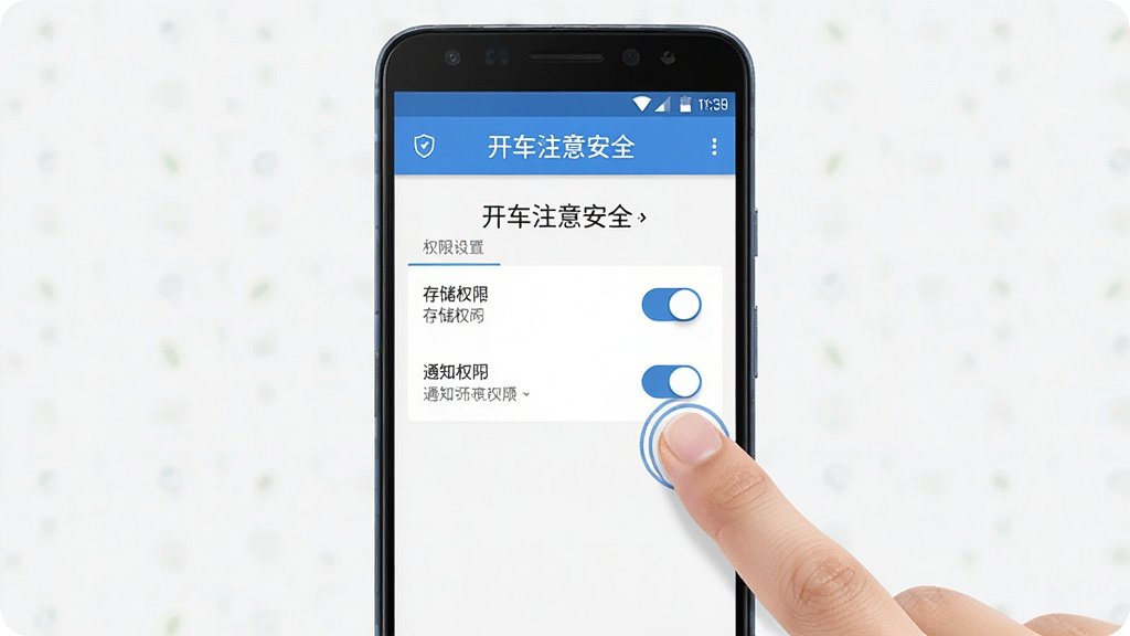 一张AI生成的手机操作示意图,画面展示一部安卓手机屏幕,屏幕上显示“开车注意安全”应用的权限设置页面,页面中包含存储权限、通知权限的开关按钮,旁边有手指点击的示意动作,布局为手机居中、手指从右侧伸入,风格简洁直观,细节清晰,画质高清,背景干净无干扰元素
