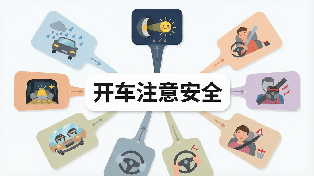 一张信息图风格的AI生成图片,画面以“开车注意安全”文字标题为视觉中心,周围环绕多个安全知识小卡片,卡片上分别绘制雨天行车、夜间灯光、安全带使用等图标,整体布局呈放射状排列,风格扁平化设计,色彩柔和,细节清晰,画质高清,背景干净无杂乱元素