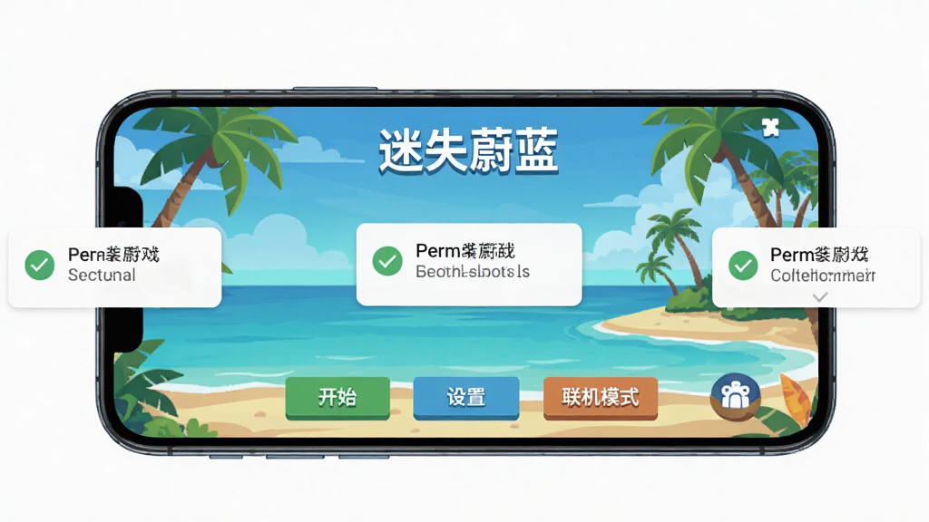 一部智能手机屏幕上显示“迷失蔚蓝”游戏主界面,界面中有开始游戏、设置、联机模式等按钮,背景是热带海岛风景,手机周围有提示安装权限的弹窗图标,风格为扁平化UI设计,画面干净,画质高清,无多余元素,画面中可带有“迷失蔚蓝”文字标识