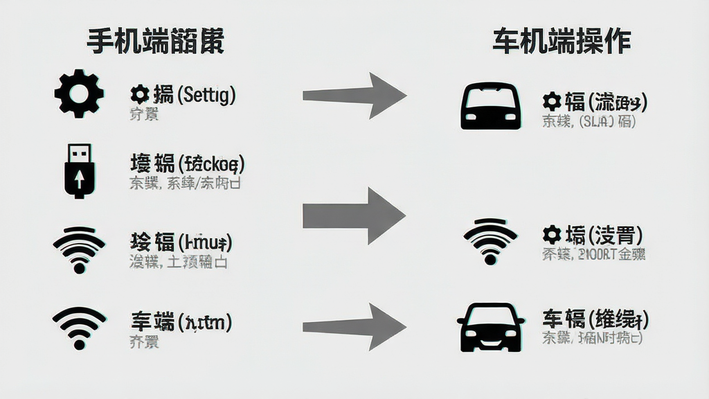 一张信息图风格的画面,左侧列出手机端设置步骤图标,右侧列出车机端操作步骤图标,中间用箭头连接,背景为浅灰色,风格简洁教程风,细节包含设置齿轮、USB图标、WiFi符号,画质清晰,干净,无多余元素