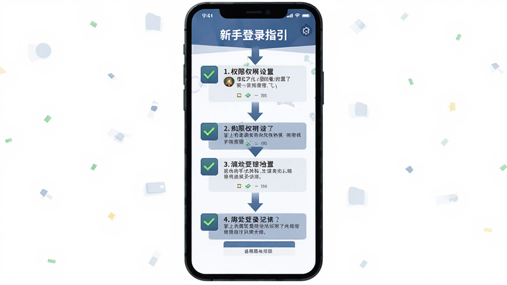 掌上无畏契约新手操作指引界面示意图,画面展示手机屏幕内分步操作提示,包含权限设置与登录界面,主体为手机与步骤箭头,布局为居中纵向流程,风格为扁平化教学插图,细节包含勾选图标与提示文字框,画质清晰干净无多余元素