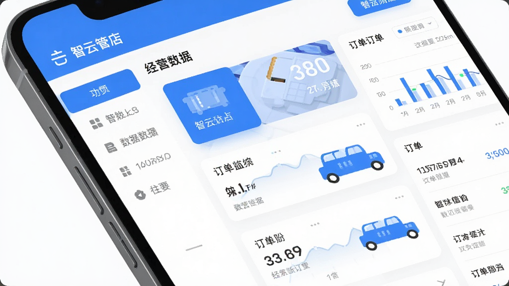 手机屏幕中展示智云管店应用主界面,画面中央是门店经营数据看板,左侧为功能菜单栏,右侧为图表和订单列表,整体布局清晰,采用扁平化设计风格,蓝白配色,细节包含图标、数据卡片和按钮,画质高清,界面干净,无多余元素