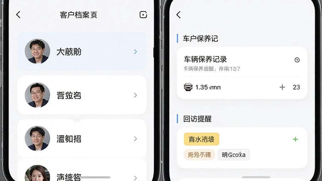 手机界面展示智云管店的客户档案页面,左侧是客户头像与姓名列表,右侧是车辆保养记录和回访提醒标签,整体排版简洁,采用卡片式布局,浅色背景,字体清晰,画质高清,无多余元素