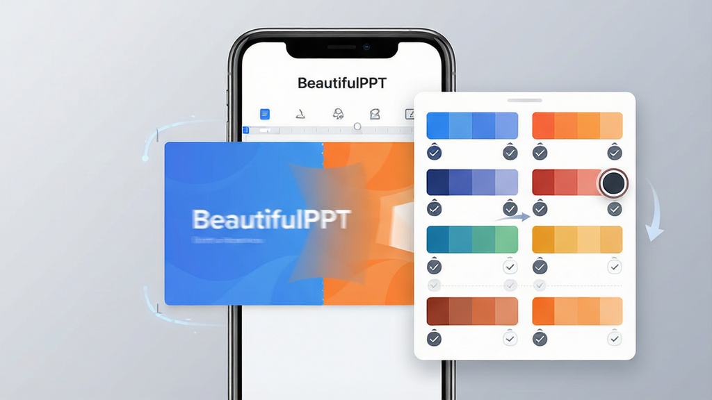 一张展示BeautifulPPT智能配色功能的示意图,画面中央是一部智能手机,屏幕显示幻灯片编辑界面,界面中有一个色彩选择面板悬浮在右侧,面板上排列着多组配色方案色块,屏幕中的幻灯片正从蓝色调切换为橙色调,顶部有