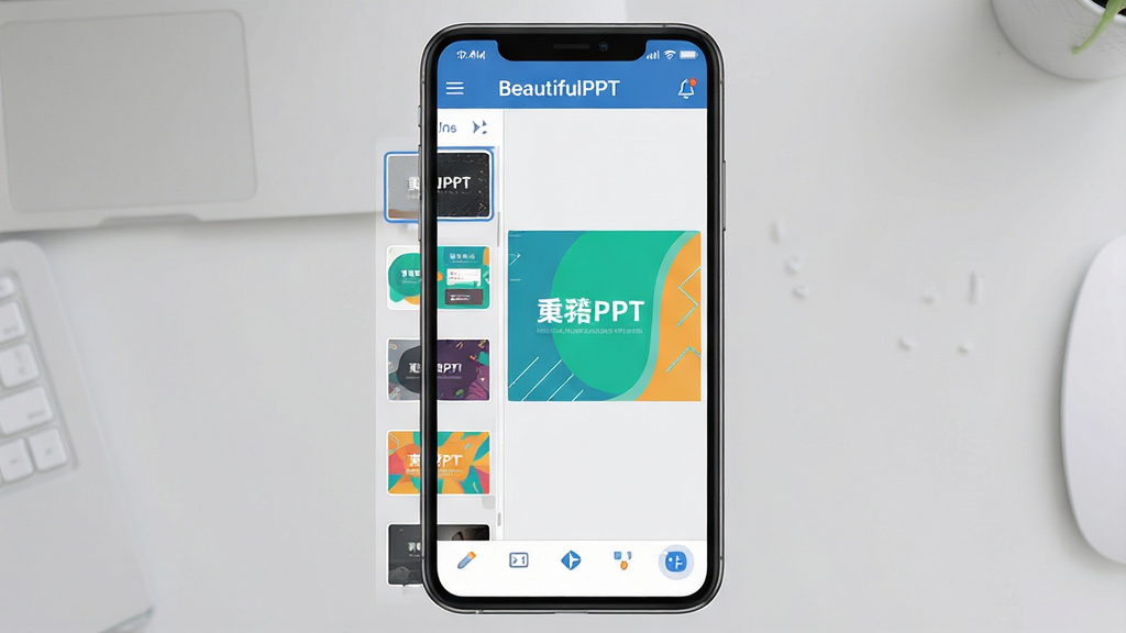 一张展示BeautifulPPT软件界面的手机屏幕截图,画面中央是手机竖屏显示演示文稿编辑界面,左侧有模板缩略图列表,右侧是主编辑区展示一页色彩清新的幻灯片,顶部有软件名称