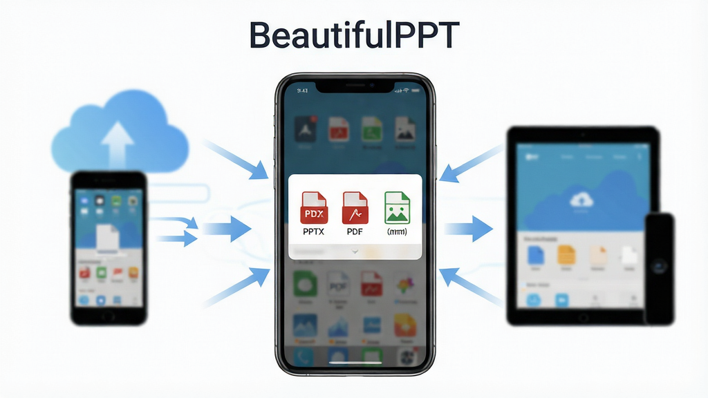 一张展示BeautifulPPT导出与同步功能的示意图,画面中央为手机屏幕显示导出选项弹窗,弹窗中列出PPTX、PDF、图片等格式图标,背景中隐约可见云端同步的连线示意连接手机与平板设备,顶部有