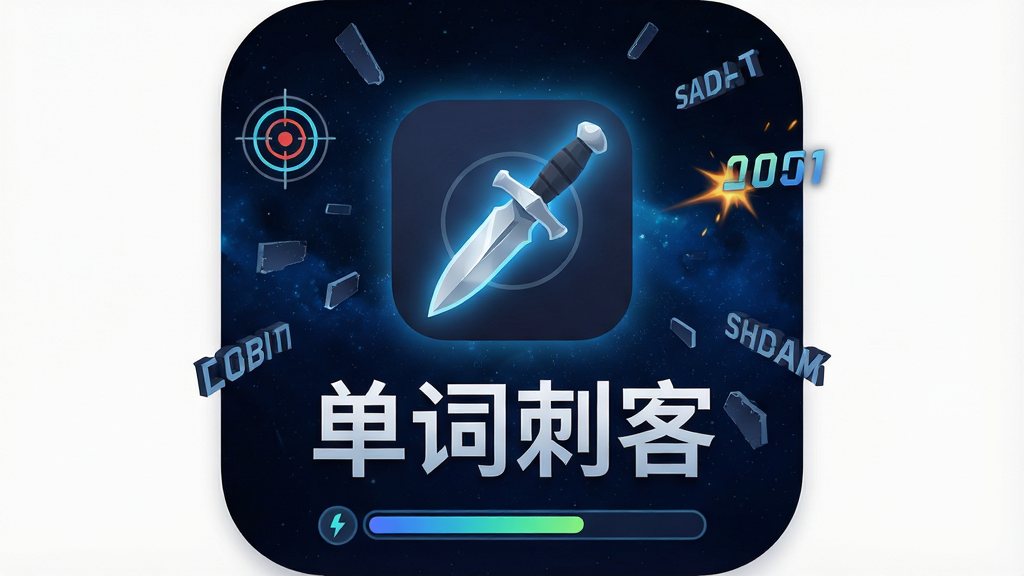 单词刺客APP主界面展示,中央悬浮一把发光的银色匕首图标,背景是深蓝色星空与漂浮的英文单词碎片,主体突出