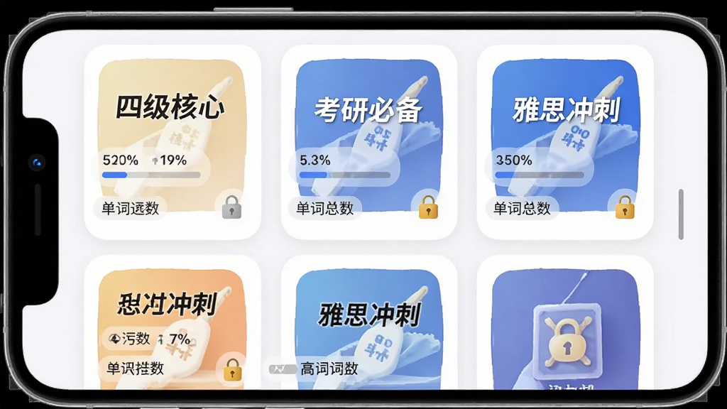 单词刺客词库选择界面,手机屏幕展示多个词库封面卡片,封面分别为