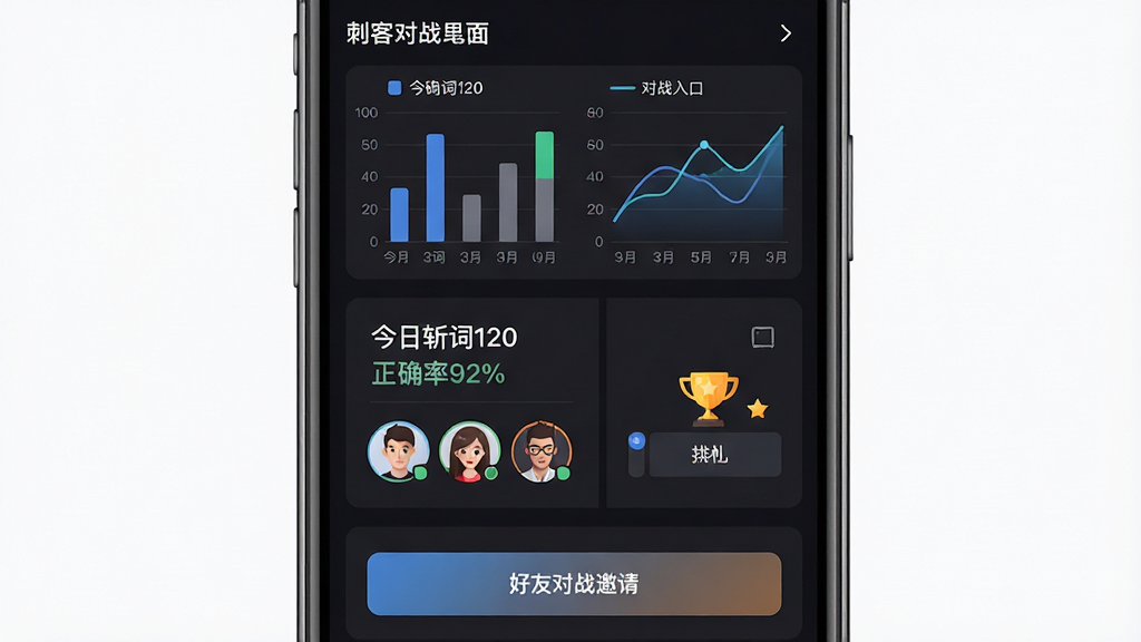 单词刺客数据统计与好友对战界面,手机屏幕上半部分为柱状图与折线图,下半部分为好友对战邀请按钮,主体为数据面板与对战入口,布局采用上下分栏,风格为现代扁平化深色模式,细节包含