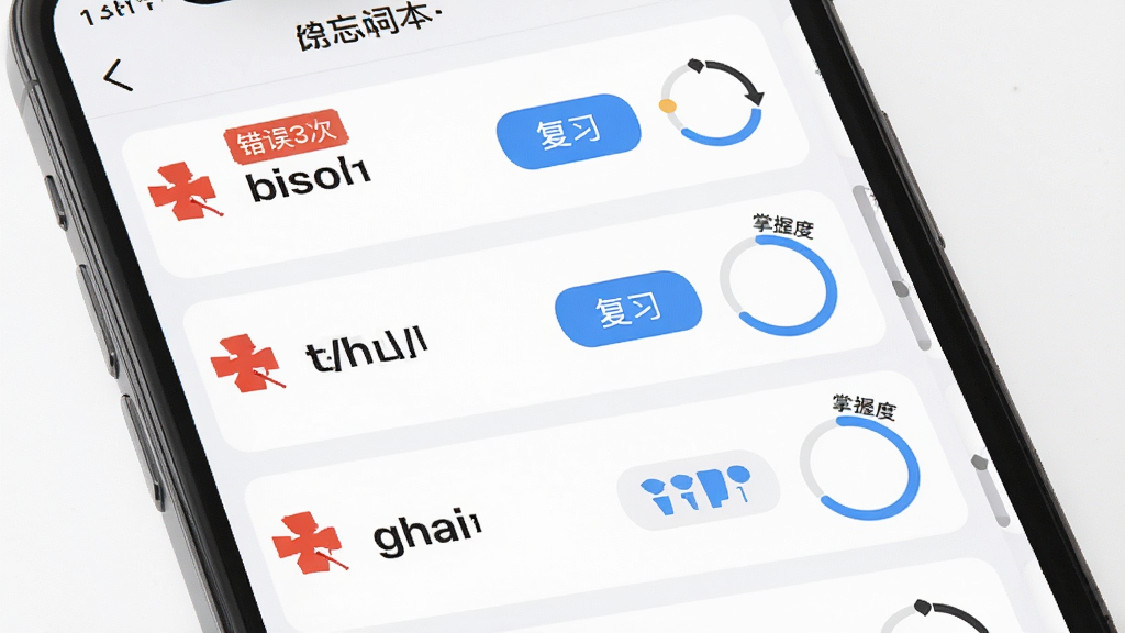 单词刺客智能生词本界面,手机屏幕显示列表式单词卡片,每张卡片左侧有红色错误标记,右侧有遗忘曲线小图标,主体为单词列表,布局采用垂直滚动卡片流,风格为清爽浅色商务风,细节包含