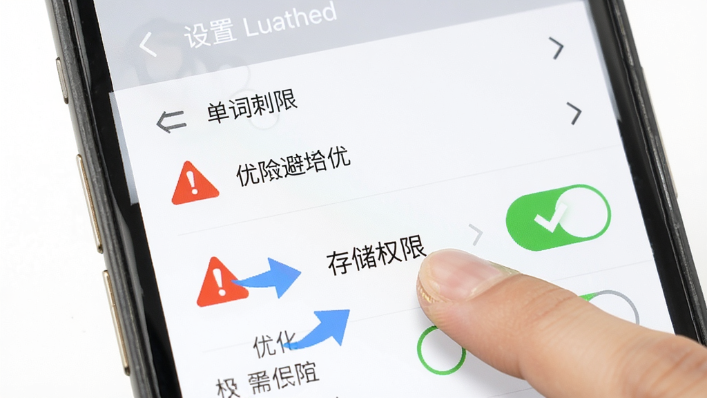 单词刺客新手避坑指南示意图,手机屏幕显示设置菜单与权限开关,主体为手指点击