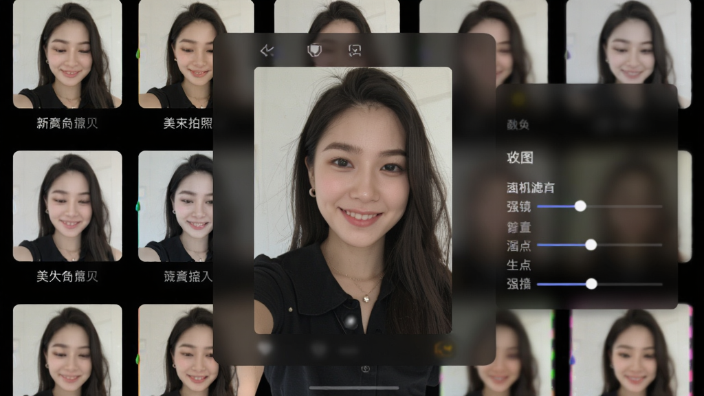 美颜拍照修图相机滤镜选择界面,画面展示多款滤镜缩略图排列,中央为人物自拍预览,背景为深色半透明面板,风格时尚简洁,细节包含滤镜名称与强度调节条,画质高清干净无多余元素