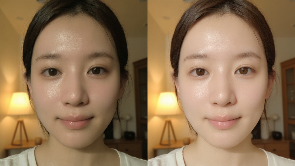 美颜拍照修图相机自然美颜效果对比图,左侧为原图右侧为优化后效果,人物面部肤色均匀通透,背景为室内暖光,风格写实清晰,细节展示皮肤质感与光影过渡,画质高清干净无多余元素