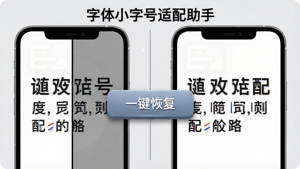 手机屏幕显示分屏对比界面,左侧为字体调整后的预览画面,右侧为原始默认画面,中间有一个醒目的“一键恢复”按钮,屏幕上方有“字体小字号适配助手”文字,背景为浅灰色,细节包括分屏分割线、按钮立体感、预览文字清晰对比,画质高清,干净,无多余元素