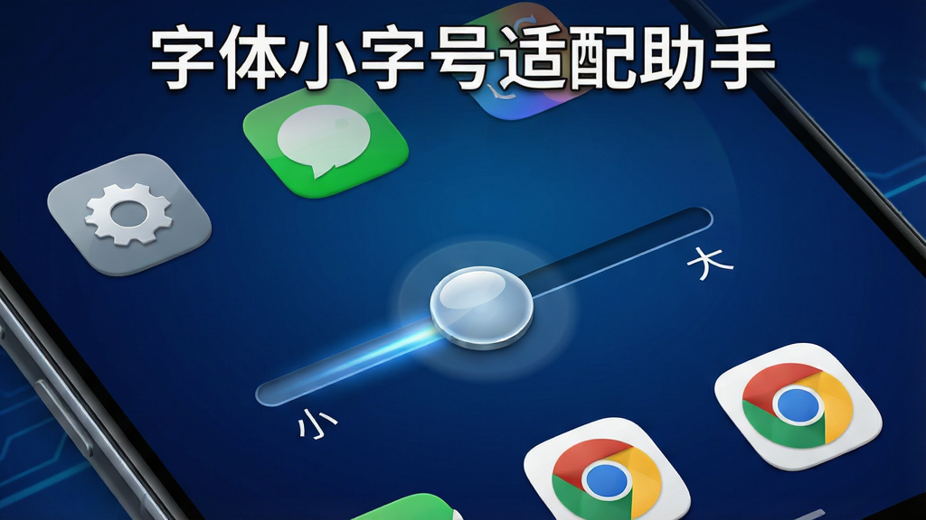 一部安卓手机屏幕特写,屏幕中央显示一个圆形的字号调节滑块,滑块从“小”到“大”标注清晰,周围环绕着系统设置、聊天软件、浏览器等多个应用图标,手机上方有“字体小字号适配助手”文字标识,整体风格科技感十足,背景为深蓝色渐变,细节包括滑块光泽、图标立体感、文字清晰锐利,画质高清,干净,无多余元素