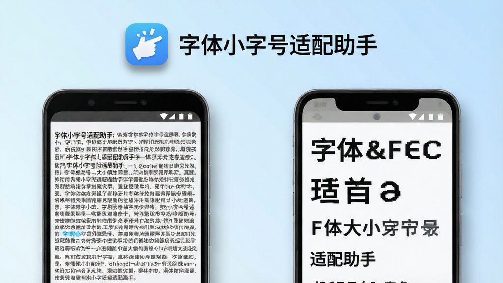 一张展示手机屏幕字体大小调节前后的对比图,画面中央放置一部安卓手机,左侧显示小字号密密麻麻的文字,右侧显示大字号清晰易读的文字,手机上方悬浮着“字体小字号适配助手”的应用图标和名称文字,背景为浅蓝色渐变,风格简洁清新,细节包括手机边框、应用图标阴影、文字对比效果,画质清晰,干净,无多余元素