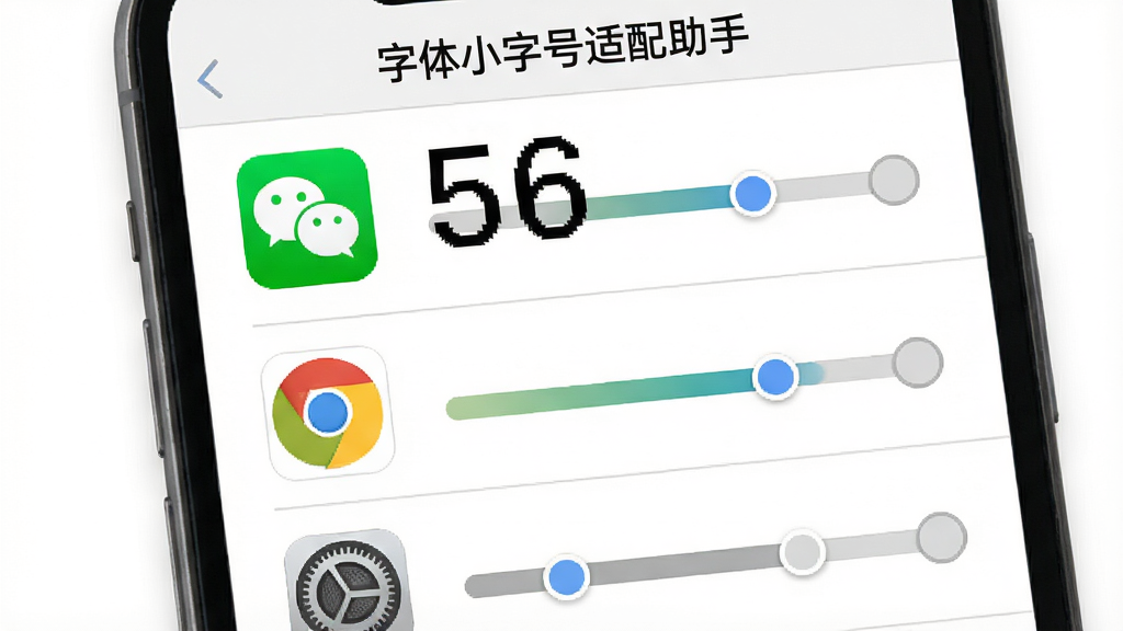 手机屏幕展示一个应用列表管理界面,每个应用图标右侧配有独立的字号调节条,微信图标旁字号偏大,浏览器图标旁字号适中,设置图标旁字号偏小,界面顶部有“字体小字号适配助手”标题栏,风格为扁平化设计,背景为白色,细节包括应用图标、调节条色彩区分、列表分隔线,画质清晰,干净,无多余元素